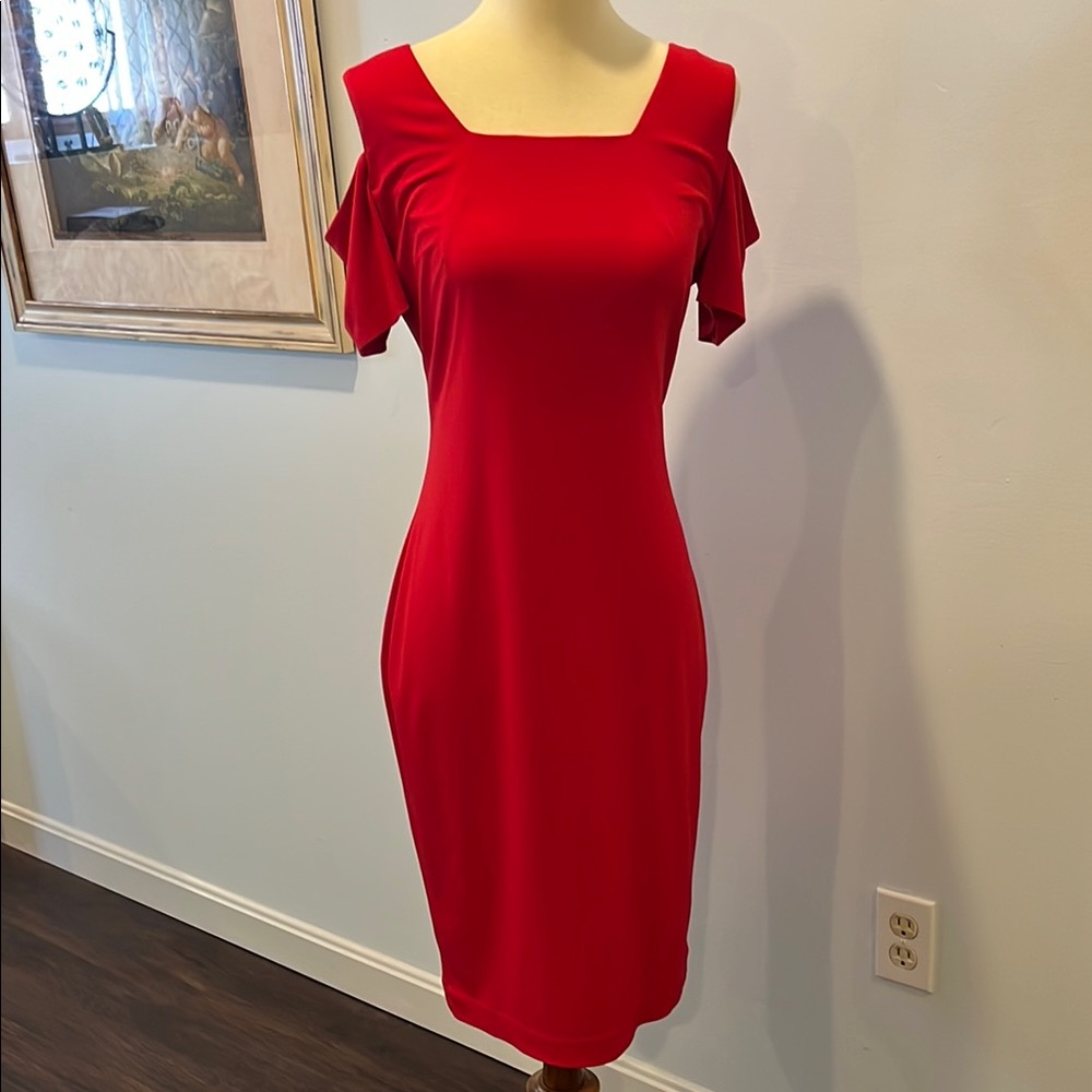 CALVIN KLEIN RED MIDI SHEATH DRESS / SIZE 6 / OPEN CUT SLEEVE / NEVER WORN